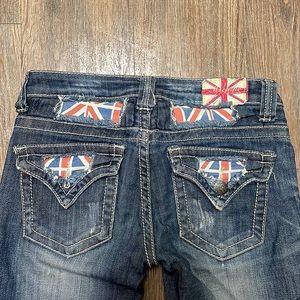 Machine Jeans with Union Jack pockets Y2K Style Super Low Rise Stretch Denim